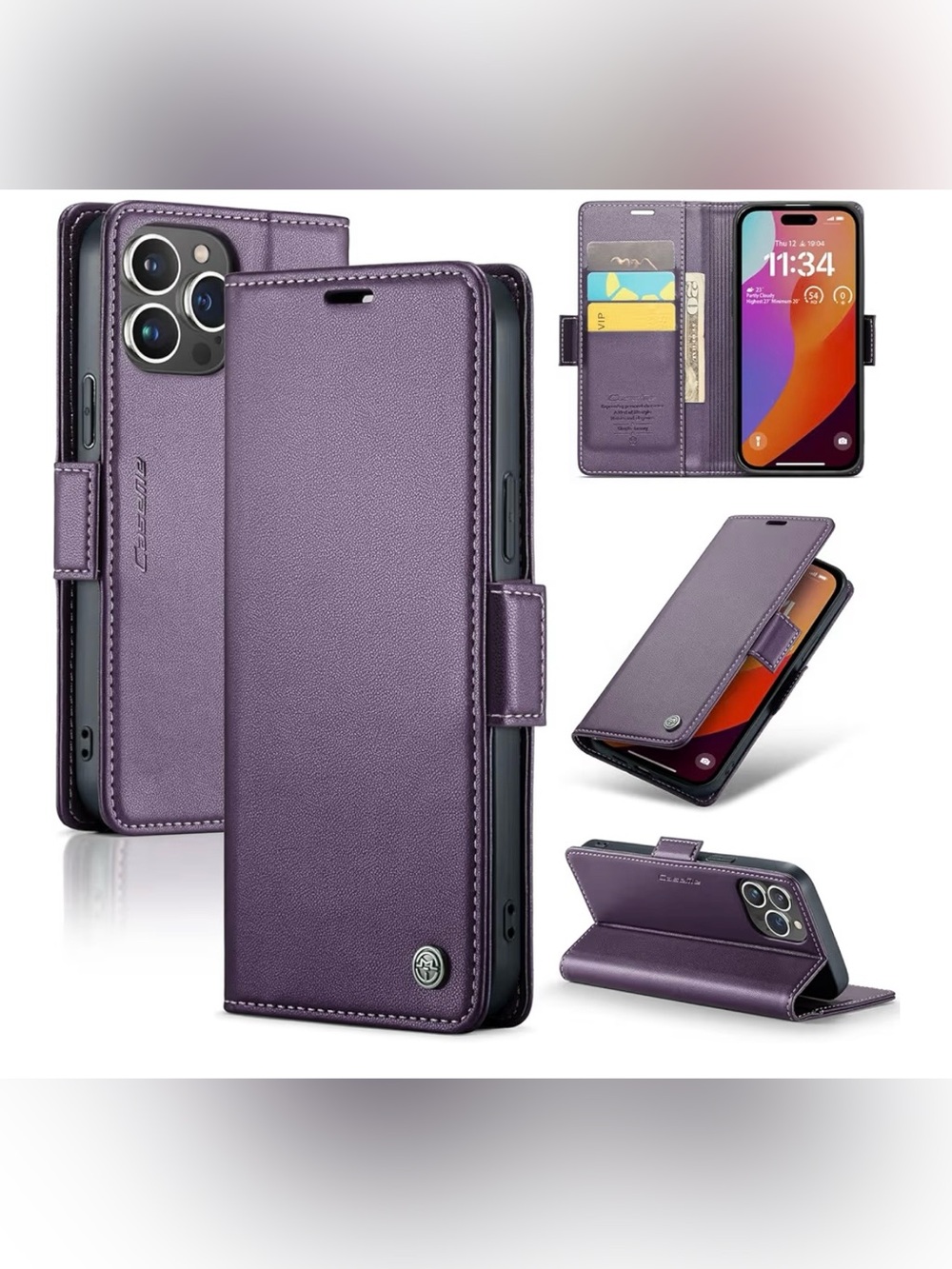 iPhone 14 Pro Max Wallet Case with Credit Card Holder - Purple Leather
